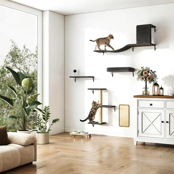 5 Pcs Wooden Indoor Cat Climber - Wall-Mounted Shelves, Perches, Scratching Board, Cat Ladder & Cat Tree - Grey