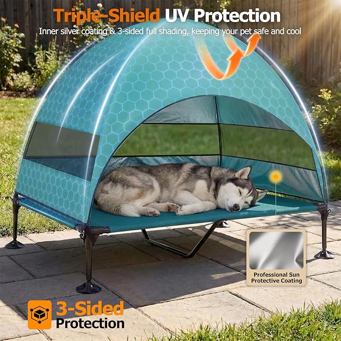 Elevated Dog Bed with UV-Proof Canopy, Outdoor Dog Tent with Powerful Adjustable Feet, Portable Pet Cot with Wider Shade, Raised Cooling Bed for Camping, Patio, Beach, Poolside