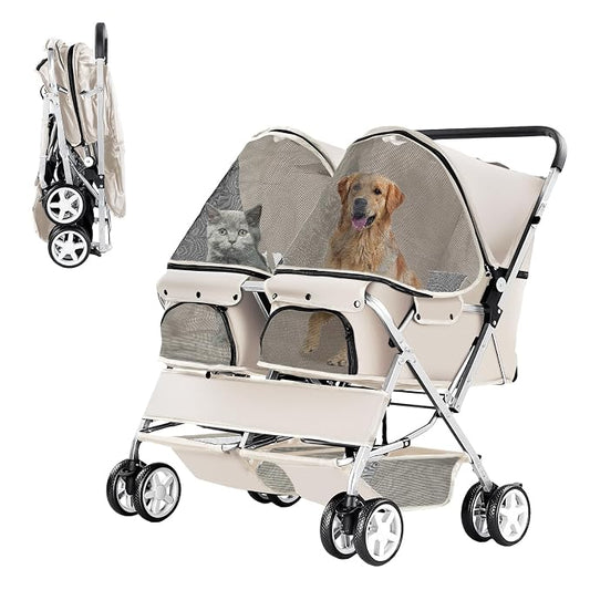 Double Pet Stroller for 2 Dogs & Cats, Side-by-Side, Gray | Foldable Two-Seater with Separate Cabins, 44 lb Capacity, Dual Baskets and Safety Tethers for Walks, Travel and Vet Visits