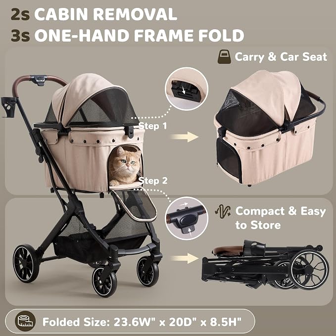 Dog Stroller for Small to Medium Dogs with Detachable Carrier, Beige | 3-in-1 Pet Stroller, Dual-layer UV-Resistant Waterproof Canopy with Breathable Mesh, All-Terrain PU Wheels with Suspension