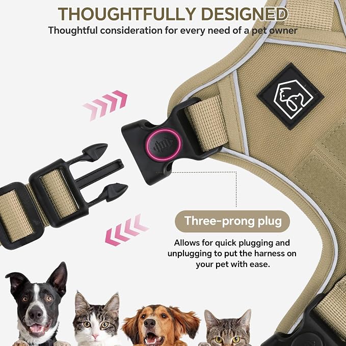 Heavy Duty Tactical Dog Harness for X-Large Dogs, No Pull Dog Harness with Handle & Front Clip, Reflective Soft Padded, Hook and Loop Panel, Dog Vest for Walking, Service Training, Khaki