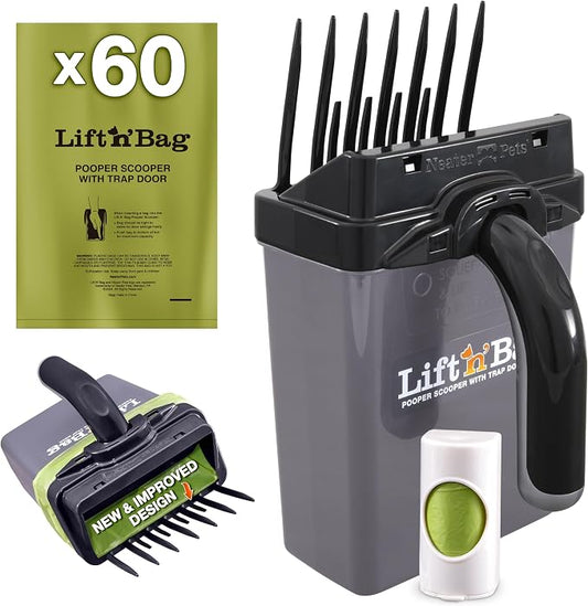 Neater Pet Brands Lift N’ Bag 2.0 Dog Pooper Scooper with Bag Attachment for Small to Large Dogs, New & Improved Design, 60 Refill Bags, Heavy Duty Dog Poop Scooper for Yard & Walks, One-Hand Use