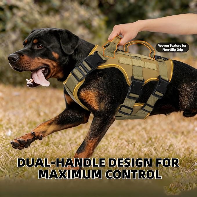 Reflective Tactical Dog Harness with AirTag Holder&3 Pet Patches, Khaki XL | Heavy Duty No Pull Dog Harness, Adjustable Dog Harness, Two Handles, Breathable Mesh Padding, Resists Dirt and Stay Clean