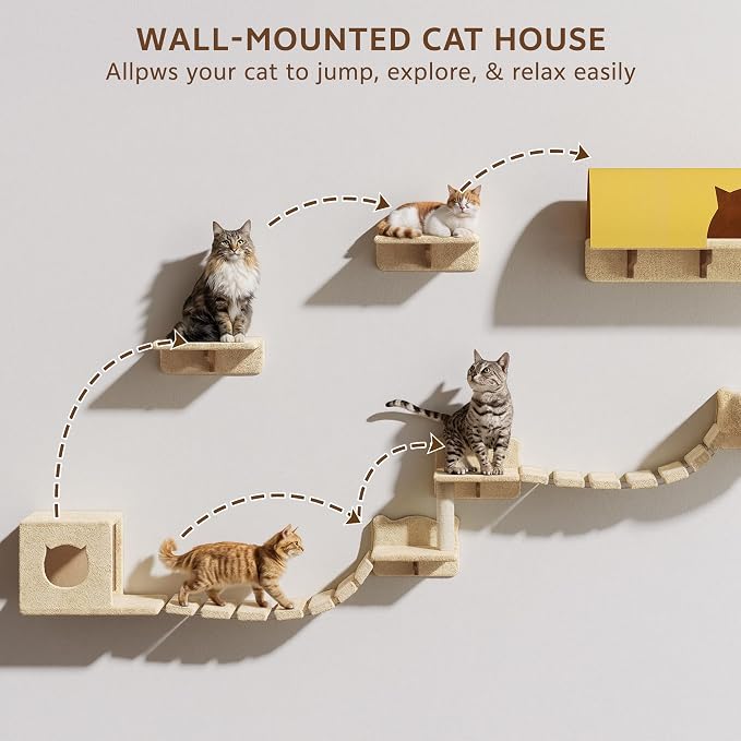Cat Wall Furniture, 16 in 1 Cat Shelves w/Tunnel & Bridge, Beige | Wall Mounted Cats Shelf Set with Plush Fabric, Cat Climbing Wall Systems for 16 Inch Drywall, with Scratching Posts, Condos