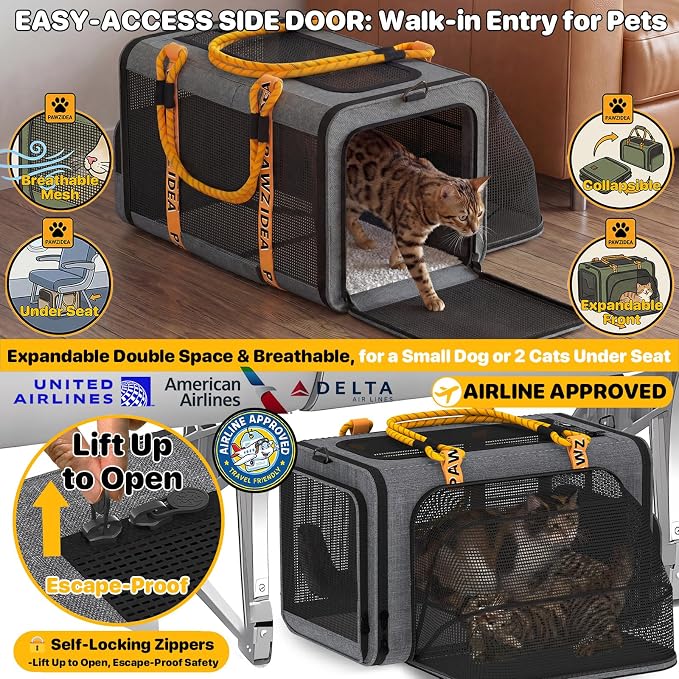 PAWZIDEA Expandable Pet Carrier Airline Approved, 18"×11"×11" Small Dog Carriers, Collapsible Top-Load Cat Carrier for 2 Cats Under Seat, Soft-Sided Puppy & Animal Travel Bag, ID Card, Up to 15lbs