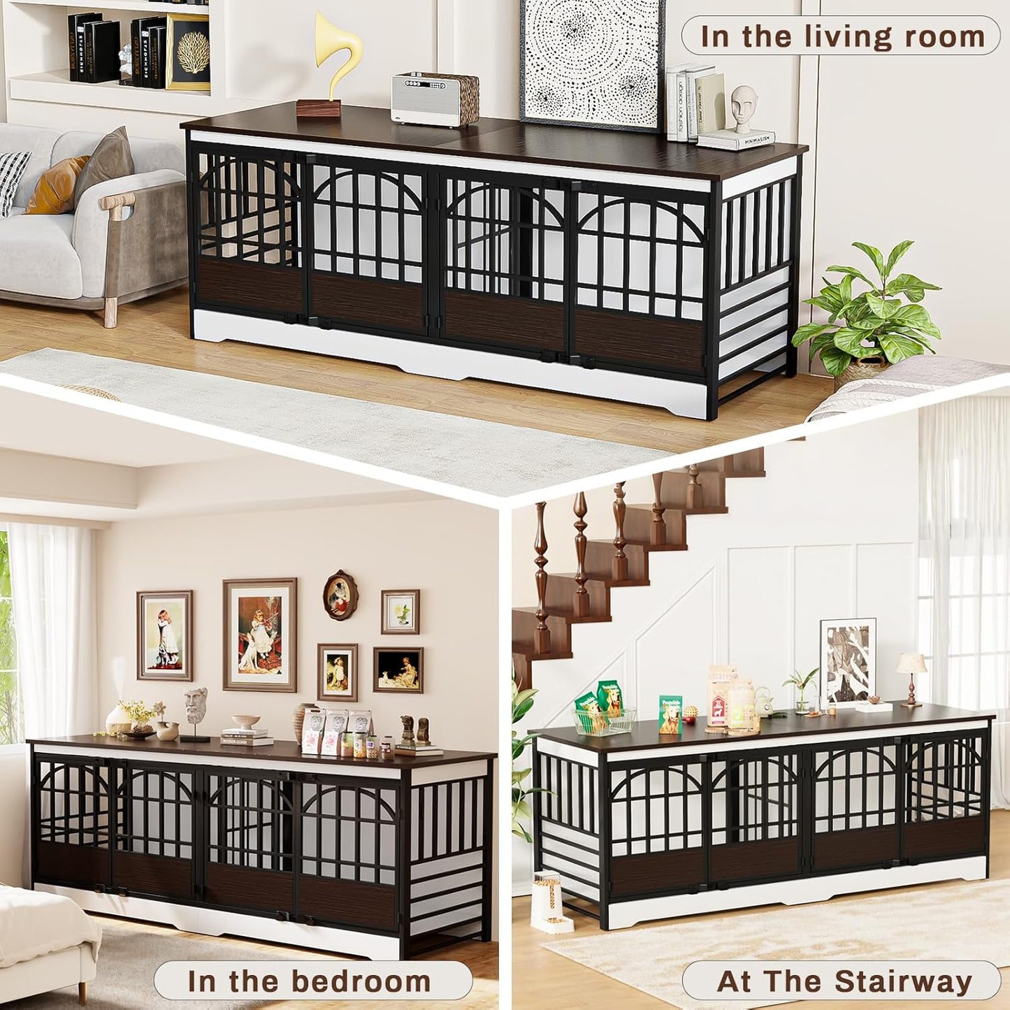 COZPAW 86 Inch Double Dog Crate Furniture for 2 Large Dogs, Decorative Dog Kennel Indoor TV Stand, Heavy Duty Wooden Dog Cage for Large Medium Dogs Sized Dog Pet House with Divider (White)