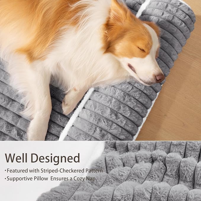 Orthopedic Large Dog Bed Pillow Pet Sofa Bed 42''X28'' Grey | Egg-Crate Foam Pet Couch Large Sized Dog, Waterproof Removable Washable Cover,Furry Puppy Crate Mat With Nonskid Bottom