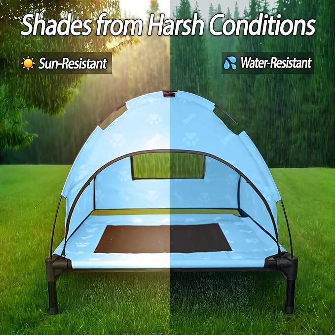 Elevated Covered Dog Bed - 36" x 36" x 30" - Dog Shade Canopy Lounger for Small & Large Dogs (Up to 110 lbs) - Portable & Durable - Cooling, UV & Water Resistant with Mesh Windows - Pastel Blue