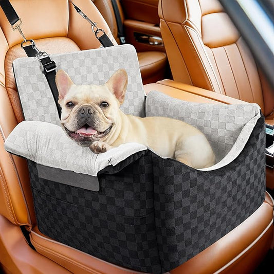 BONTHEE Elevated Dog Car Seat for Small Medium Dogs Under 30 lbs, Memory Foam Elevated Booster Seat with Headrests Support, Travel-Safe Car Bed with Detachable Washable Cover & Safety Belt