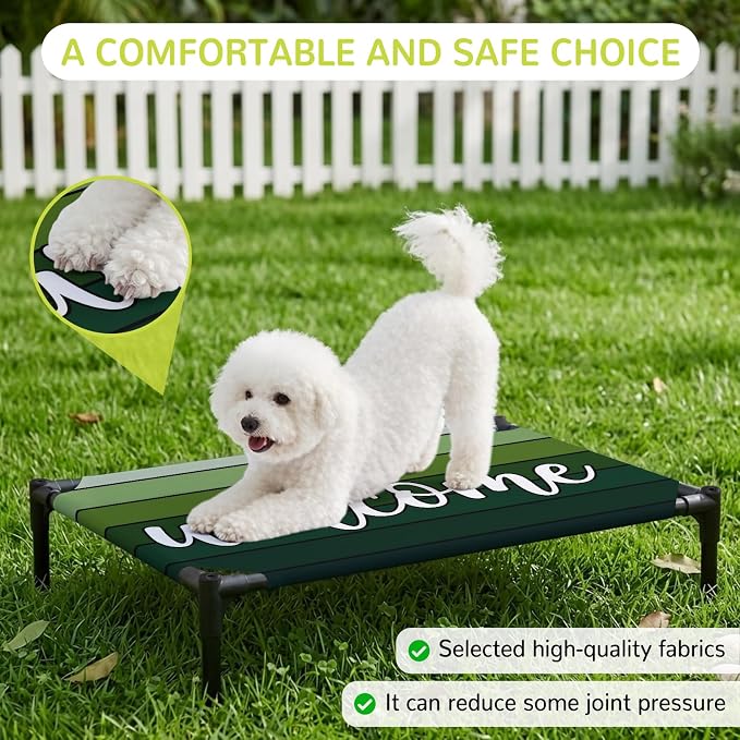 Outdoor Elevated Dog Bed for Large Dogs, Green Wooden Grain Breathable Cooling Raised Dog Cot for Indoor/Outdoor, Ombre Farmhouse Country Wood Plank Waterproof Elevated Pet Beds, L 28 x 22 in