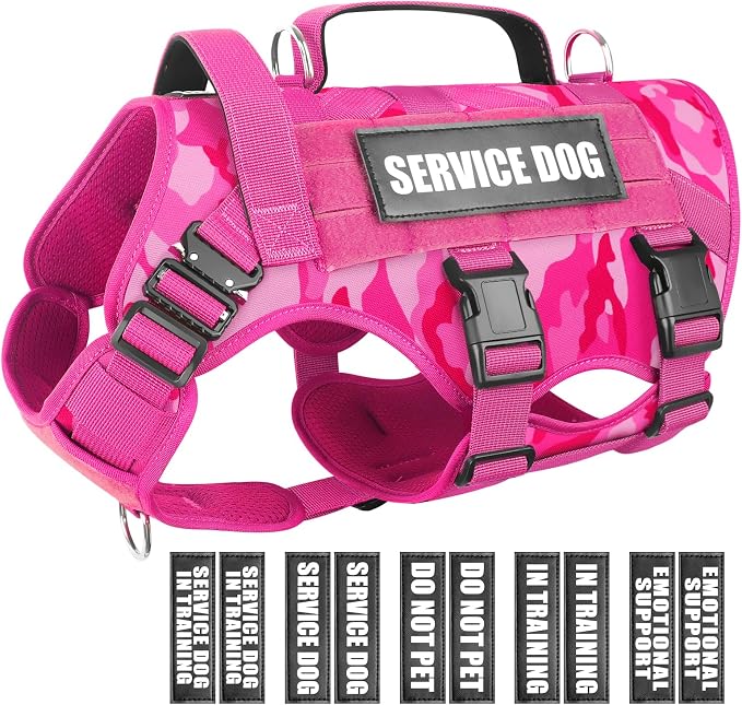 Service Dog Vest Harness for Large Dog, Tactical Working MOLLE Vest with 10 Pet Patches, No Pull Heavy Duty Harness for Training Walking