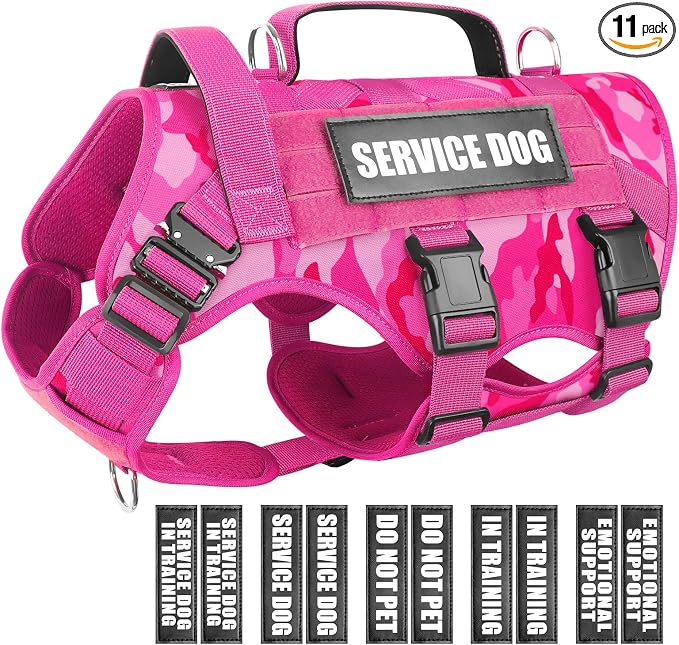 Service Dog Vest Harness for Large Dog, Tactical Working MOLLE Vest with 10 Pet Patches, No Pull Heavy Duty Harness for Training Hunting Walking