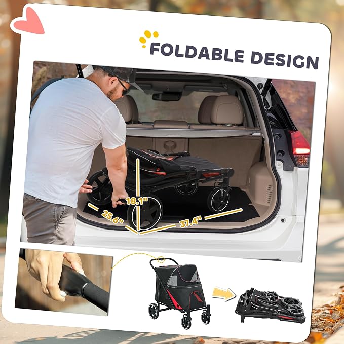 PawHut Dog Stroller for Large Medium Small Dogs up to 66 Lbs. 23.5" in Body Length, One-Click Foldable Pet Cat Stroller with Storage, Shock Absorption Wheels, Mesh Window, Safety Leash, Black