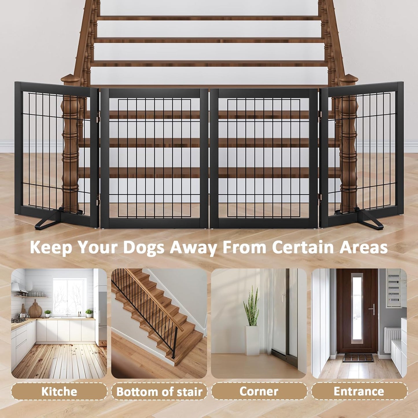 Dog Gate Wire Dog Gates for House Doorways Stairs 24-Inch Freestanding Pet Gate Puppy Fences Indoor (4 Panel, Black)