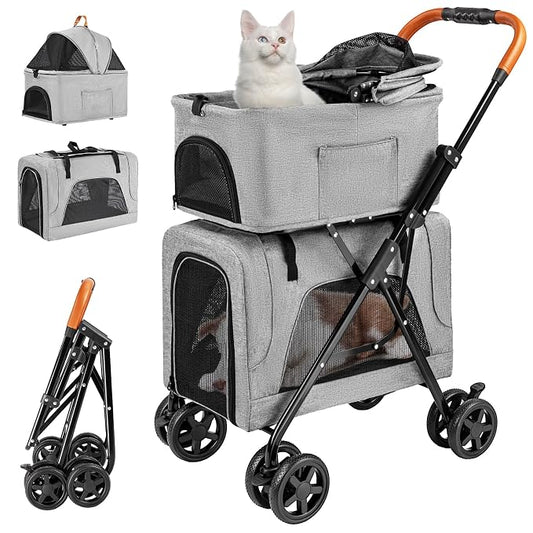 Double Pet Stroller with Detachable Carrier for Medium Small Dogs and Cats, Lightweight Dog Stroller Travel Carriage with No-Zip Canopy Storage Basket One-Click Folding and One-Foot Brake