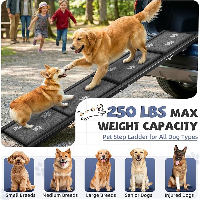 Dog Ramp for Car 63" Long & 17" Wide Portable Ramps for Large Dogs Non Slip Rug Surface Extra Wide Steps for SUV Camper Jeep and Truck Folding Pet Ramp Supports Up to 250LBS