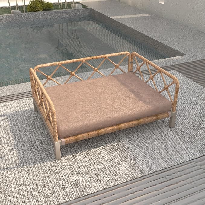 Elevated Waterproof Dog Beds with Egg Crate Foam Support Pet Bed, Outdoor Dog Sofa Bed PE Wicker Orthopedic Pet Couch Bed with Washable Removable Cushion for Medium, Small Dogs, Brown