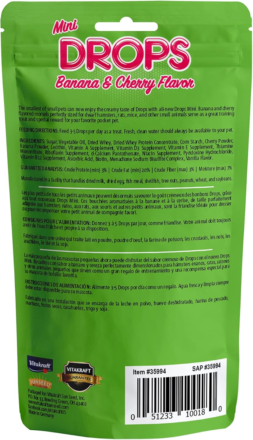 Vitakraft Drops Mini Banana and Cherry Flavor Dwarf Hamster Rat and Mouse Treat 2.5 oz (Pack of 2)