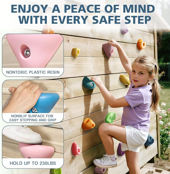 TOPNEW 20PC Kids Climbing Holds, Climbing Rocks for Play Set, Swingset - Adult Rock Wall Holds with Mounting Hardware for Indoor Outdoor Climbing Wall, Pastel Color
