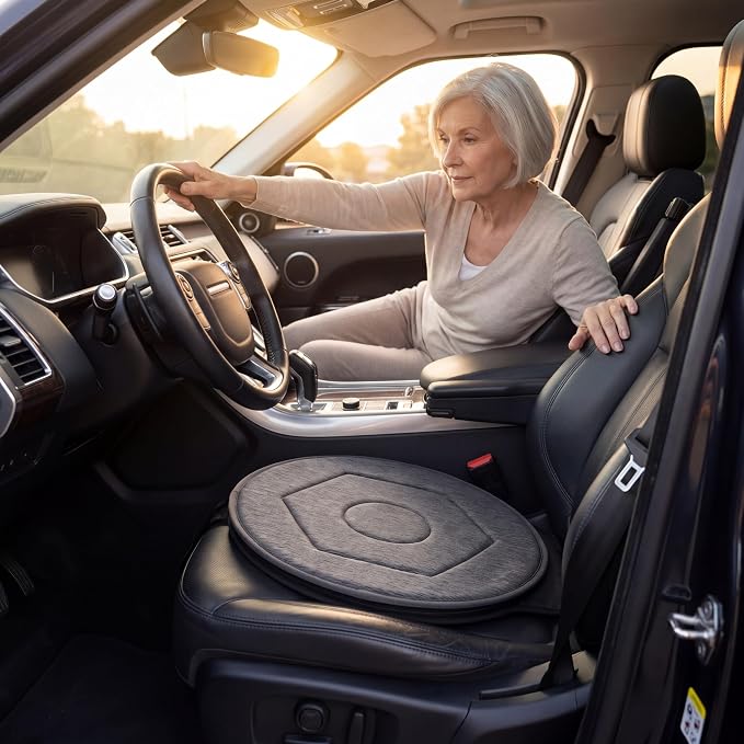 YARNOW 360 Degree Swivel Seat Cushion for Car, Dark Gray Rotating Chair Pad, Non-Slip Auto Revolving Base for Elderly and Pregnant Women, Home Office Mobility Assist