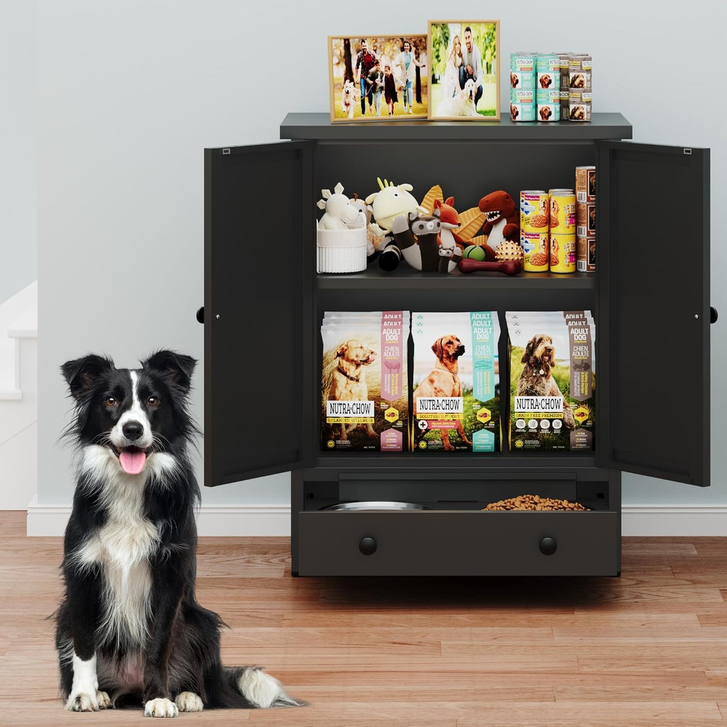 Dog Feeding Station with Storage, Metal Dog Food Storage Cabinet with 2 Elevated Bowls and 3 Hooks, Pet Feeding Station and Food Storage Organizer, Black