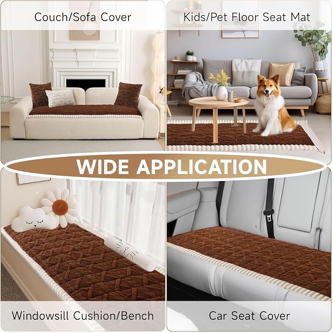 OTOB All Season Couch Cover for Dogs Washable, Geometric Jacquard Non Slip Soft Fuzzy Pet Couch Covers for 3 Cushion Couch, Cozy Plush Sofa Slipcovers Protector Dog Mat (Dark Coffee, 27.6" x 82.7")
