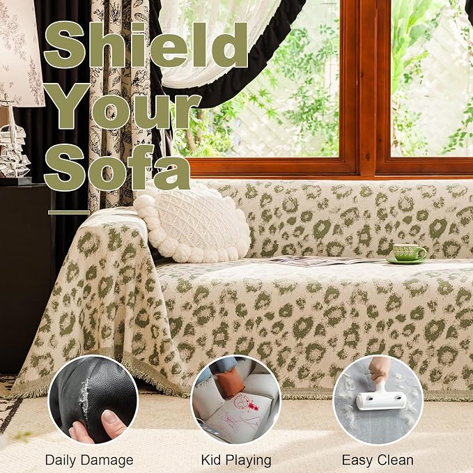 VClife Bohemian Couch Cover, Large Leopard Couch Covers for Dog, Soft Animal Print Furniture Protector for Sofa Bed, 1 Piece Large Couch Cover for 2 Cushion Couch Sofa, Washable, Non-Pilling, Green