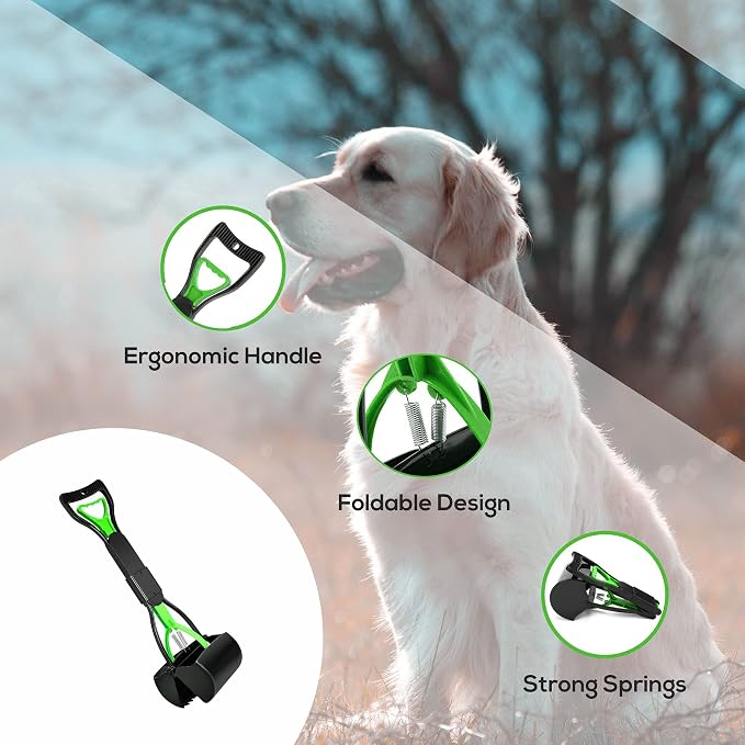Temmel Pooper Scooper - Poop Scooper for Pet Waste Picking Up Without Smell - Dog Pooper Scooper with Foldable Long Handle – Heavy Duty Dog Poop Scoop with Jaw Claw Bin (23.62 Inches) (Green)