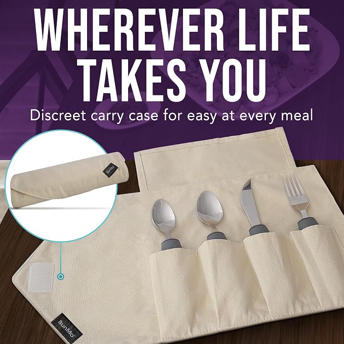 BUNMO Weighted Utensils for Hand Tremors - Elderly, Weak Hand Grip & Handicapped - Stainless Steel - Eat Independently