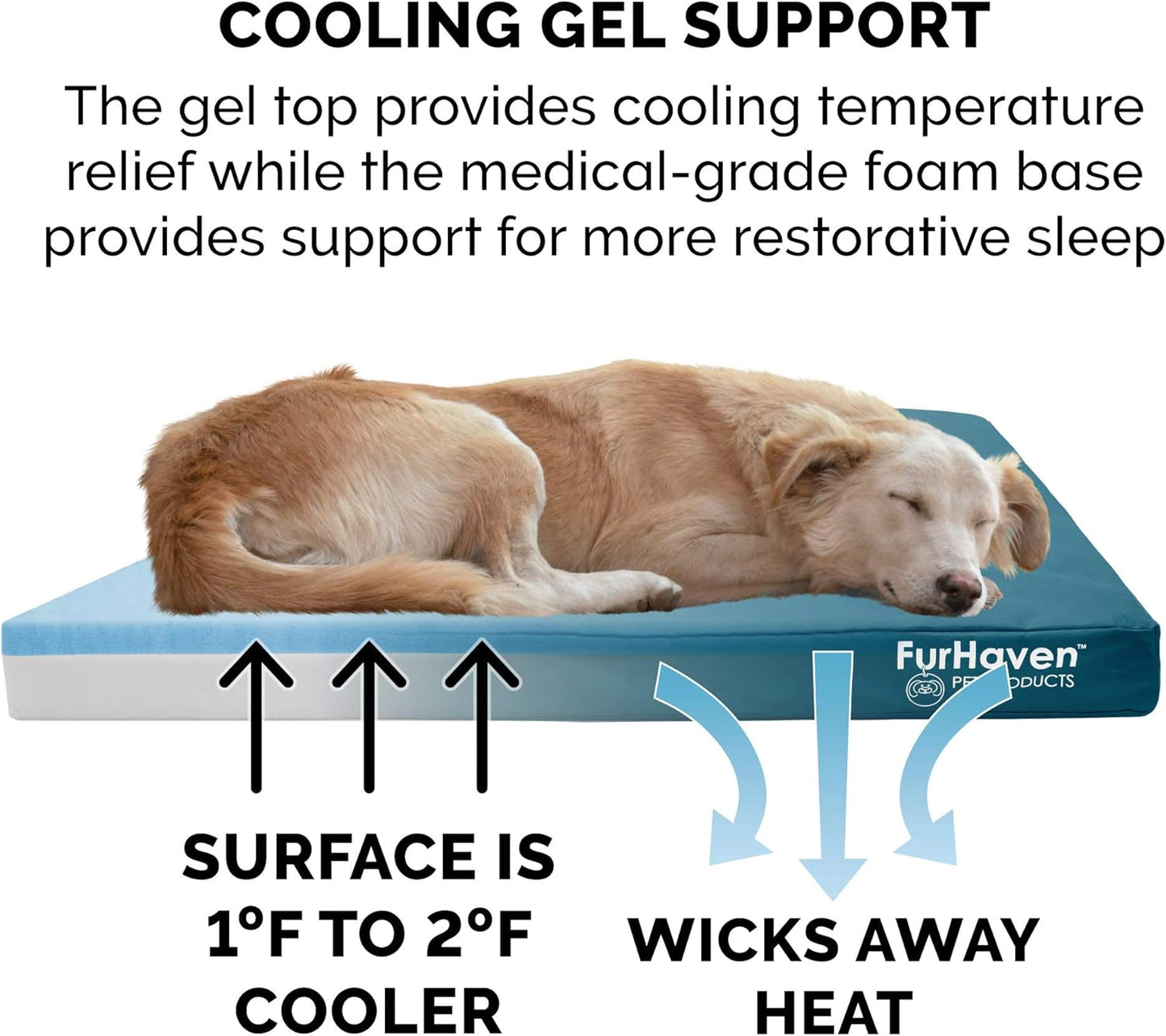 Furhaven Water-Resistant Cooling Gel Dog Bed for Large/Medium Dogs w/ Removable Washable Cover, For Dogs Up to 55 lbs - Indoor/Outdoor Logo Print Oxford Polycanvas Mattress - Deep Lagoon, Large