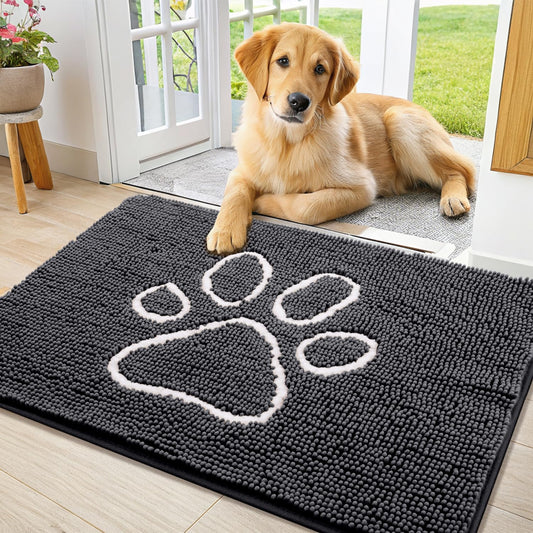 Smiry Dog Door Mat for Muddy Paws, Absorbent Dirt Trapper Non Slip Quick Dry Washable Chenille Mat for Mud Dogs, Entry Rug for Indoor and Outdoor (36x24 Inches, Dark Grey and White)
