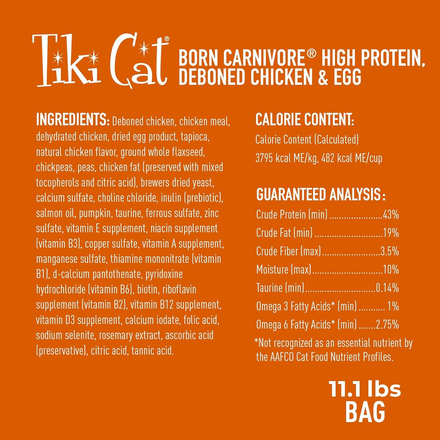 Tiki Cat Born Carnivore High Protein, Deboned Chicken & Egg, Grain-Free Baked Kibble to Maximize Nutrients, Dry Cat Food, 11.1 lbs. Bag