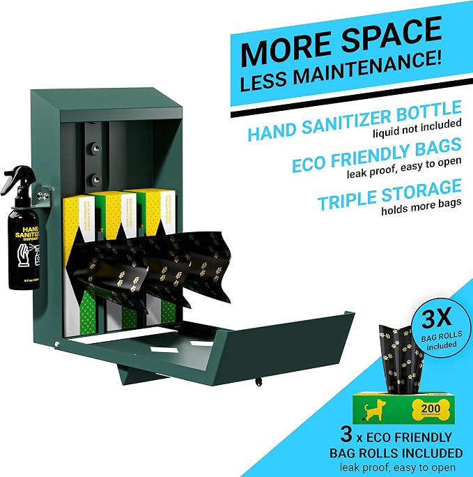 Flash Furniture Locking Dog Waste Bag Dispenser with Glow in The Dark Sign | Hand Sanitizer Bottle, Rain Guard, 600 Roll Bags Included, Durable Construction, Commercial Use