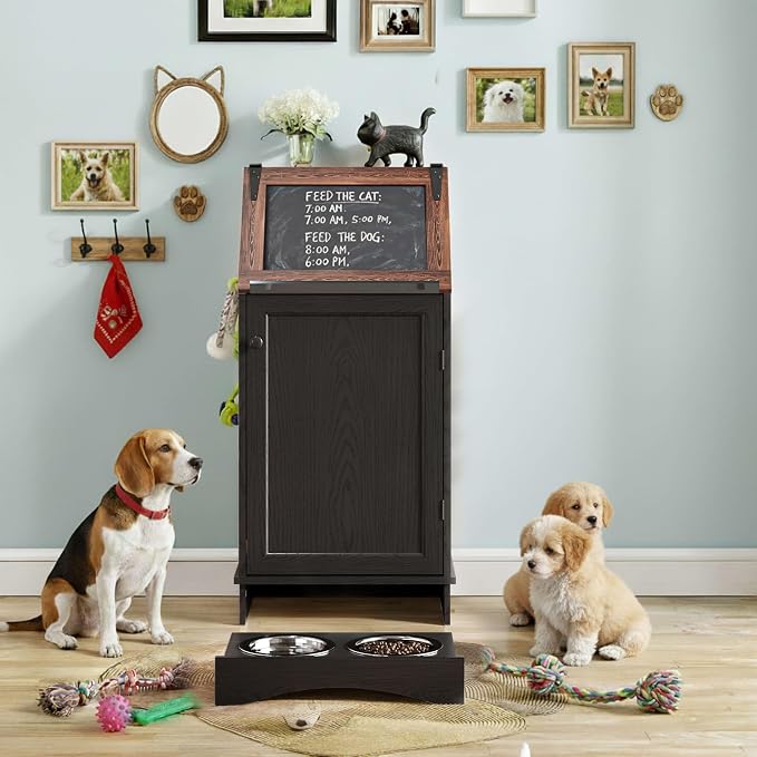FIMELLO Dog Feeding Station with Storage, Dog Food Cabinet with 2 Hidden Feeding Bowls, Flip-Top Pet Storage Cabinet, Pet Food Holder, Black Grain