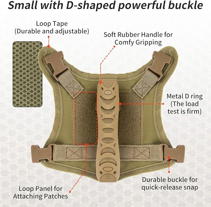 Tactical Nylon Adjustable Dog Vest Harness Comfy Mesh Padding Puppy Vest with Quick-Release Buckle and Rubber Handle for Small Dog/Big Cat