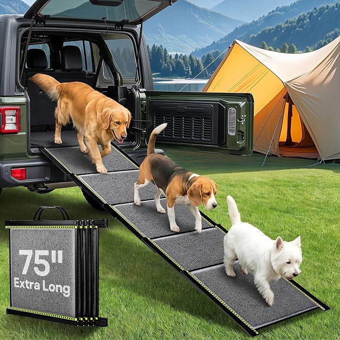75'' Extra Long Telescoping Dog Ramp, 20" Wide Dog Car Ramp for Large Dogs | Telescoping Dog Car Ramp, Up to 250 LBS, Non-Slip Loofah Surface, Portable Outdoor Pet Ramps for Dogs to Get in SUV/Truck/Rv