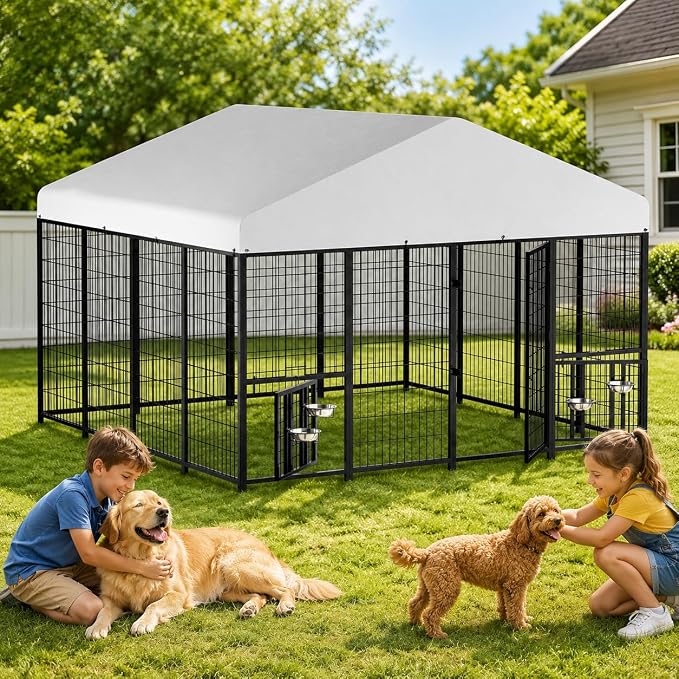 10 x 10 x 6.5 FT Outdoor Dog Kennel with Roof for Large Dogs | Large Dog Run with Rotating Feeder, 2 Stainless Steel Bowls and Double Latch Gate