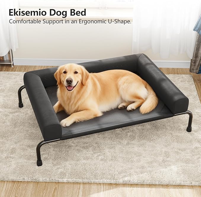Ekisemio Elevated Dog Bed for Large Dogs, Cooling Raised Pet Cot with Breathable Mesh and Bolsters, Removable & Waterproof Outdoor Indoor Dog Bed, 47.75" x 31", Black