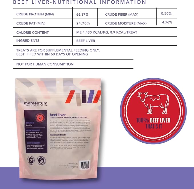 Momentum Carnivore Nutrition Freeze-Dried Beef Liver Dog Treats & Cat Treats – Single-Ingredient, High-Protein, Grain-Free, Nutrient-Rich – Made in USA – 4 oz Bag