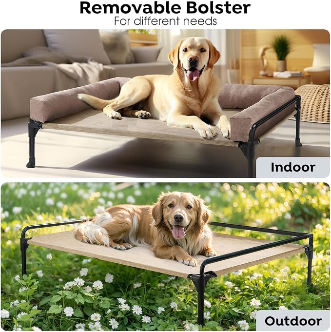 Veehoo Outdoor Elevated Dog Bed-Cooling Raised Dog Cot for Large Sized Dogs | Three-Sided Fence Raised Pet Cot with Mesh & No-Slip Feet Dog Hammock Bed with Removable Bolster-41" x 27" Beige
