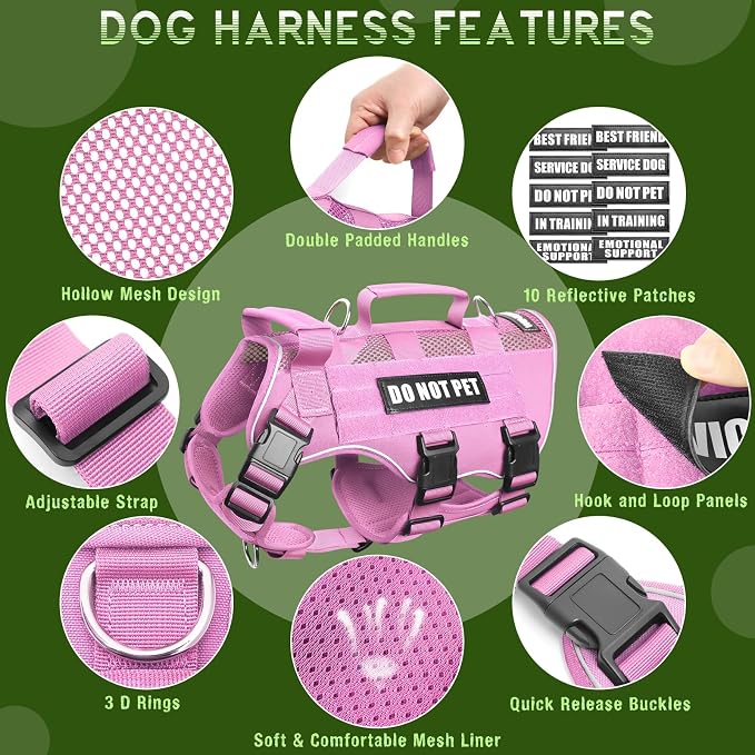 Tactical Molle Vest Mesh Dog Harness with 10 Removale Pet Patches | Breathable Service Dog harness with Double Soft Padded Handle for Medium Dog, Reflective Military Pet Vest for Walk Hiking