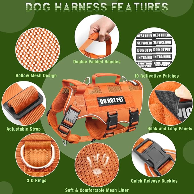 Tactical Molle Vest Mesh Dog Harness with 10 Removale Pet Patches | Breathable Service Dog harness with Double Soft Padded Handle for Large Dog, Reflective Military Pet Vest for Walk Hiking