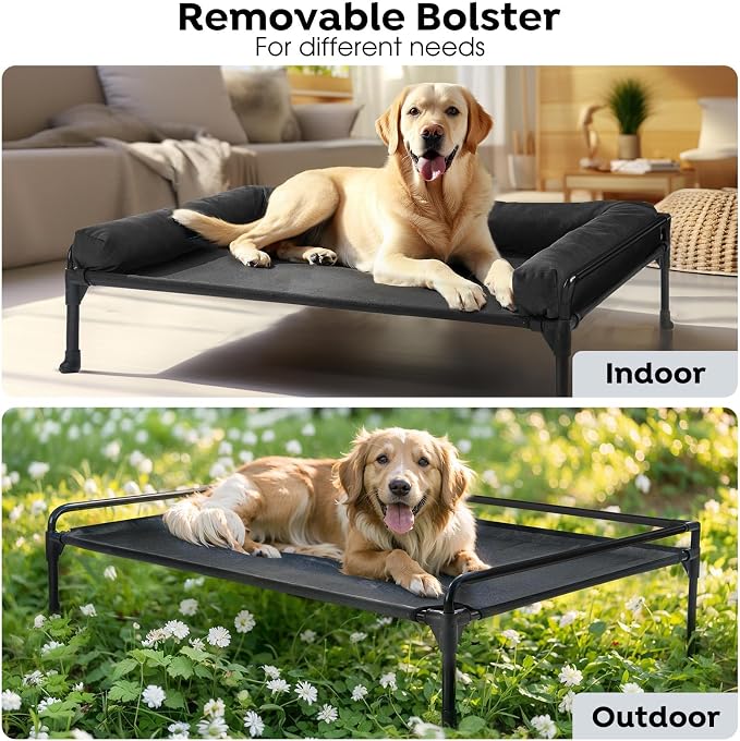 Veehoo Outdoor Elevated Dog Bed-Cooling Raised Dog Cot for Medium Sized Dog | Three-Sided Fence Raised Pet Cot with Mesh & No-Slip Feet Dog Hammock Bed with Removable Bolster-29" x 18" Black
