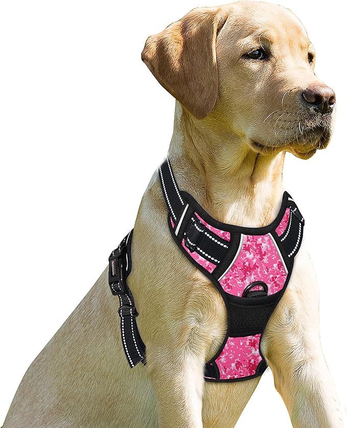 BARKBAY Dog Harness No Pull for Large Dogs Front Back Clips,Dog Vest | Soft Padded No Choke With Handle,Easy On&Off,Adjustable Reflective For Walking Training Running(Pink Camo,L)