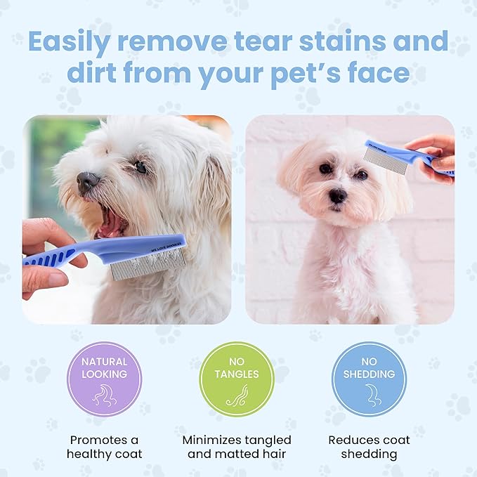 We Love Doodles Small Dog Face Grooming Comb and Small Slicker Brush Bundle - Tear Stain Remover For Dog Eye Boogers - Long Pin Brush For Dematting - Pet Eye Brush - Combs For Grooming - Made in USA