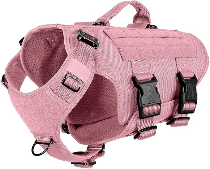 ICEFANG No Pull Tactical Dog Harness for Medium Dogs,Adjustable Dog Vest | Control Handle,MOLLE Panel,Front Hook,3 Leash Clips,Soft Padded,for walking training,Pink,Medium
