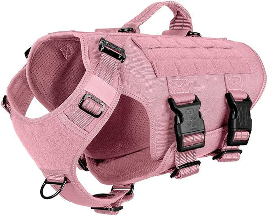 ICEFANG No Pull Tactical Dog Harness for Medium Dogs,Adjustable Dog Vest | Control Handle,MOLLE Panel,Front Hook,3 Leash Clips,Soft Padded,for walking training,Pink,Medium