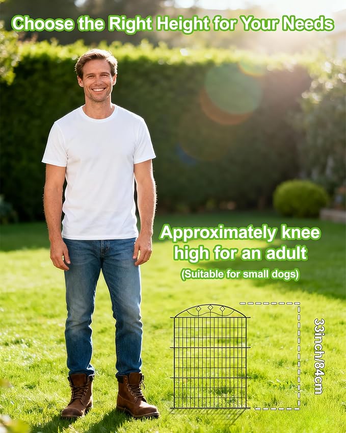 10 Panels Black Metal No Dig Garden Fence, 33in H x 24ft L Temporary Animal Barrier for Dogs & Rabbits, Reusable Outdoor Yard Fencing