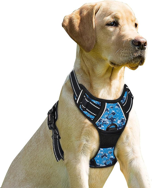 BARKBAY No Pull Dog Harness Front Clip Heavy Duty Reflective Easy Control Handle for Large Dog Walking(Blue camo,L) | Soft Padded No Choke With Handle,Easy On&Off,Adjustable Reflective For Walking Training Running(Blue Camo,L)