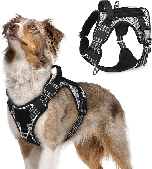 rabbitgoo Tactical Dog Harness for Medium, No Pull Military Service Vest | Molle & Handle, Heavy Duty, Adjustable, Reflective Straps, Easy Control for Training Walking, B&W Geometric, Medium